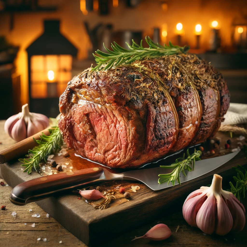 A-high-quality-image-of-a-Beef-Chuck-Roast.-The-roast-is-cooked-to-perfection-with-a-golden-brown-crust-garnished-with-fresh-rosemary-and-